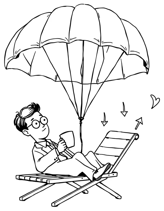 Cartoon: a calm investor relaxing under a parachute while market arrows fall around him — cash as the strategy's refuge.